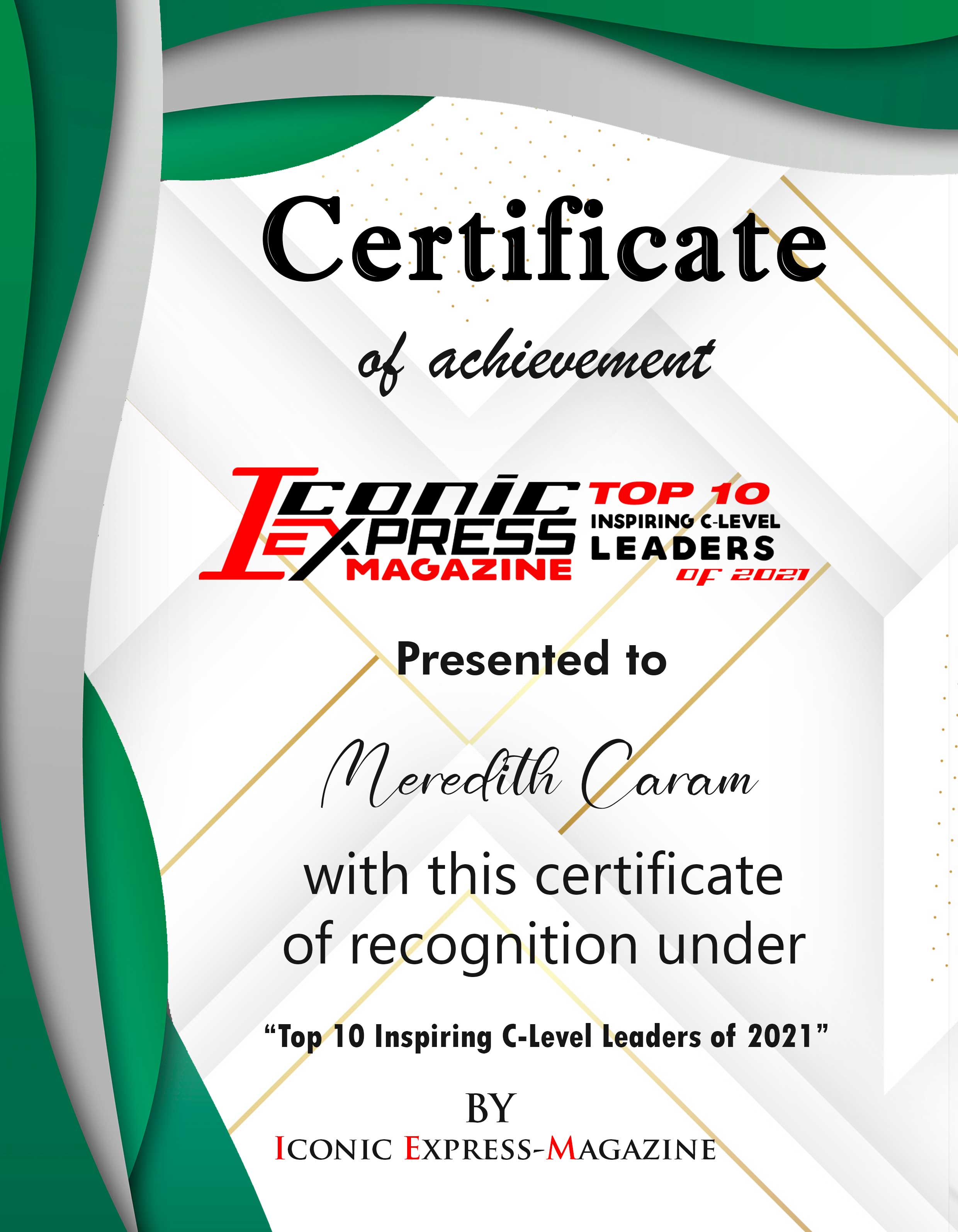 Meredith Caram, Chief Revenue Officer of JS Group, Certificate