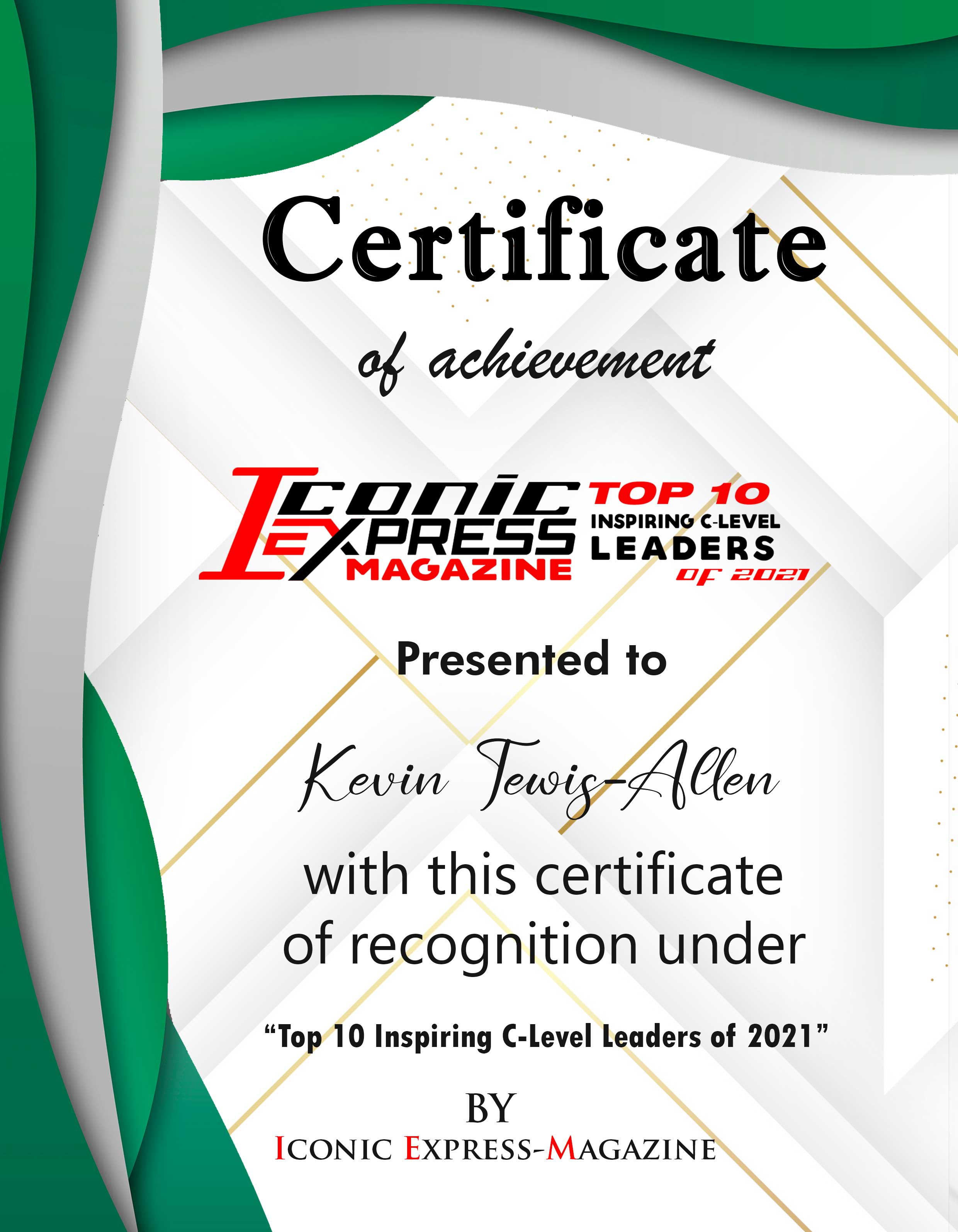Kevin Tewis-Allen CMO of Street Soccer Foundation Certificate